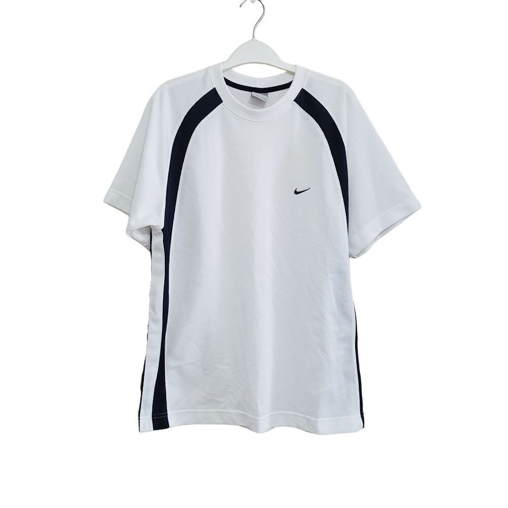 Nike Athletic Shirt  Men's Size Large White Blue Polyester Short Sleeve Crew Tee